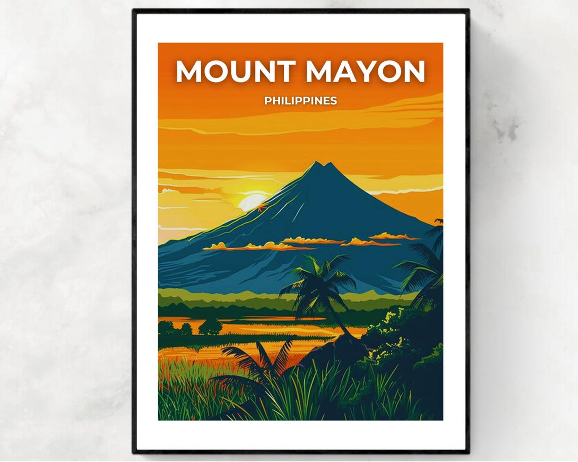 Mount Mayon Philippines Volcano Sunset Palm Silhouette Travel Poster