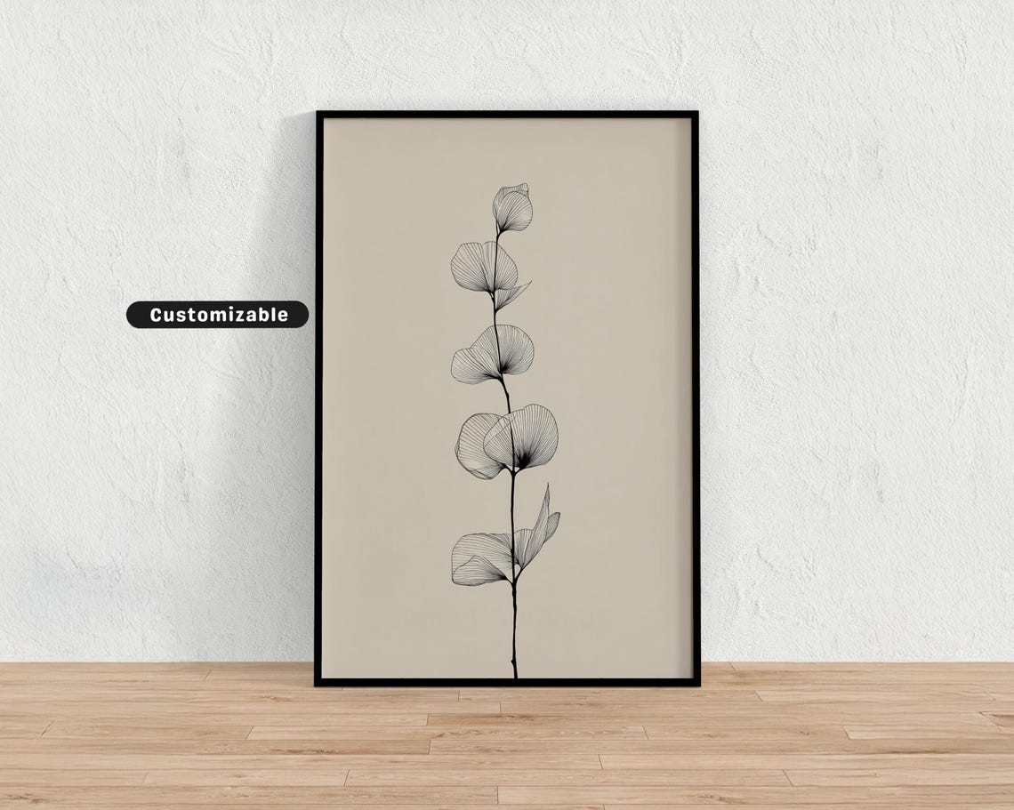 Line Drawing Of Eucalyptus Leaf In Minimal Black On Beige Botanical Wall Art Neutral Nature Print