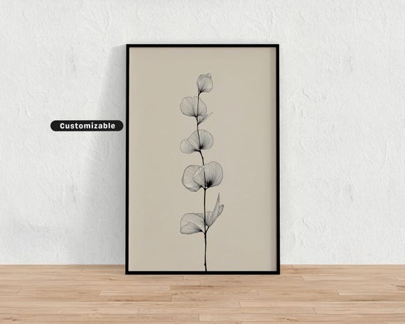 Line Drawing Of Eucalyptus Leaf In Minimal Black On Beige Botanical Wall Art Neutral Nature Print