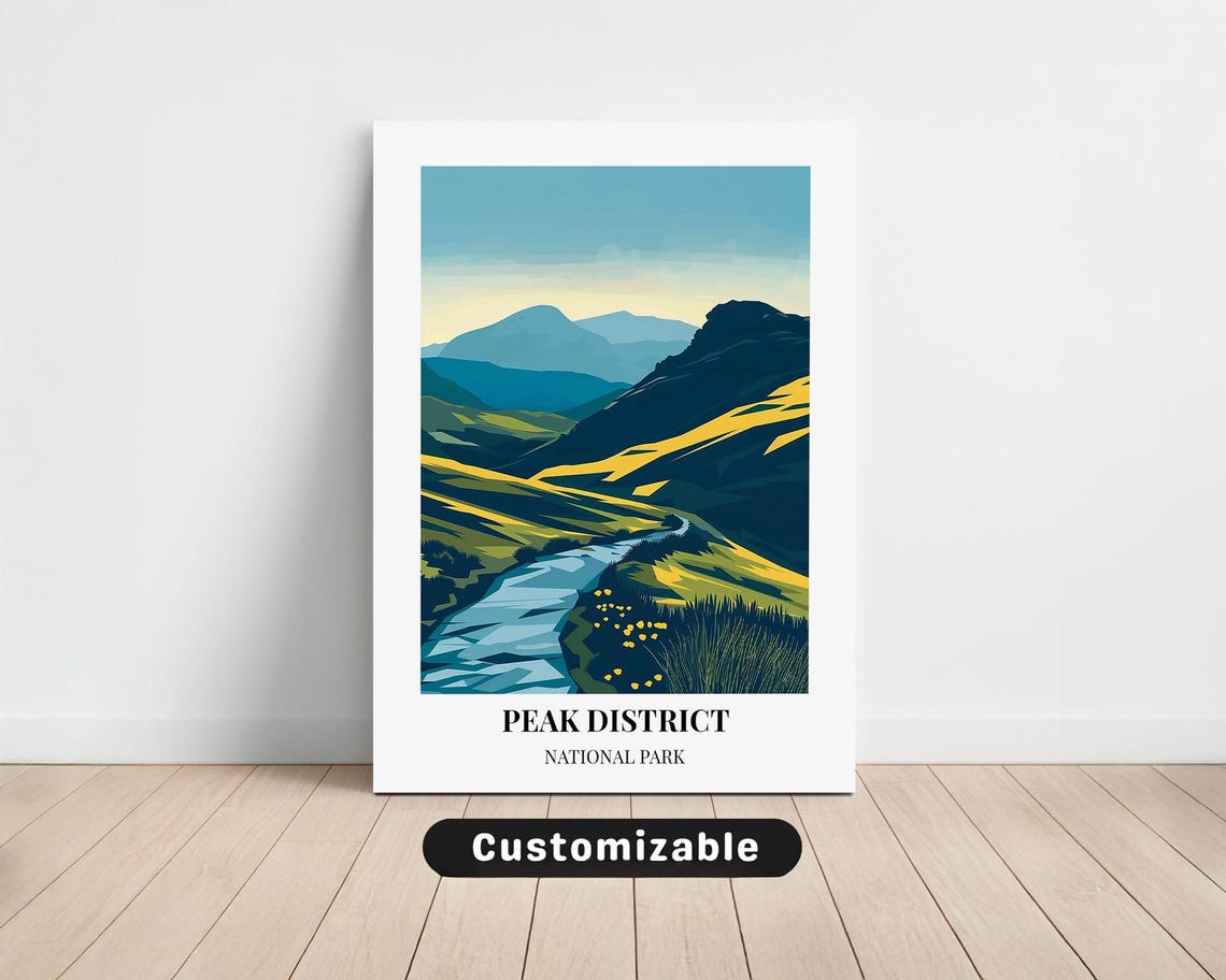 Peak District National Park Travel Poster with Rolling Hills and River