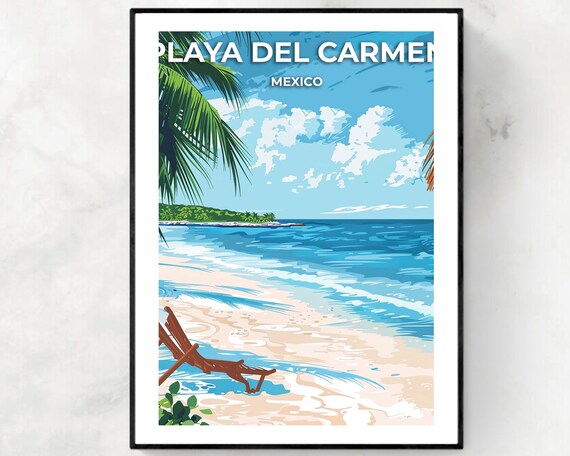Playa Del Carmen Mexico Beach Lounge Chair Palms Travel Poster