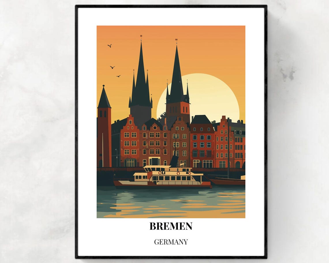 Bremen Germany Sunset Harbor Old Town Waterfront Vintage Poster
