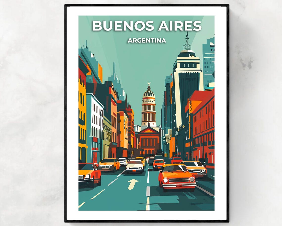 Buenos Aires Argentina Vintage Street Poster with Classic Cars