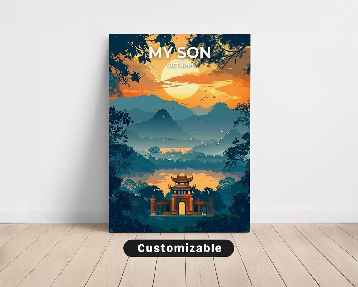 My Son Vietnam Sunset Temple Gate Vintage Style Travel Poster
