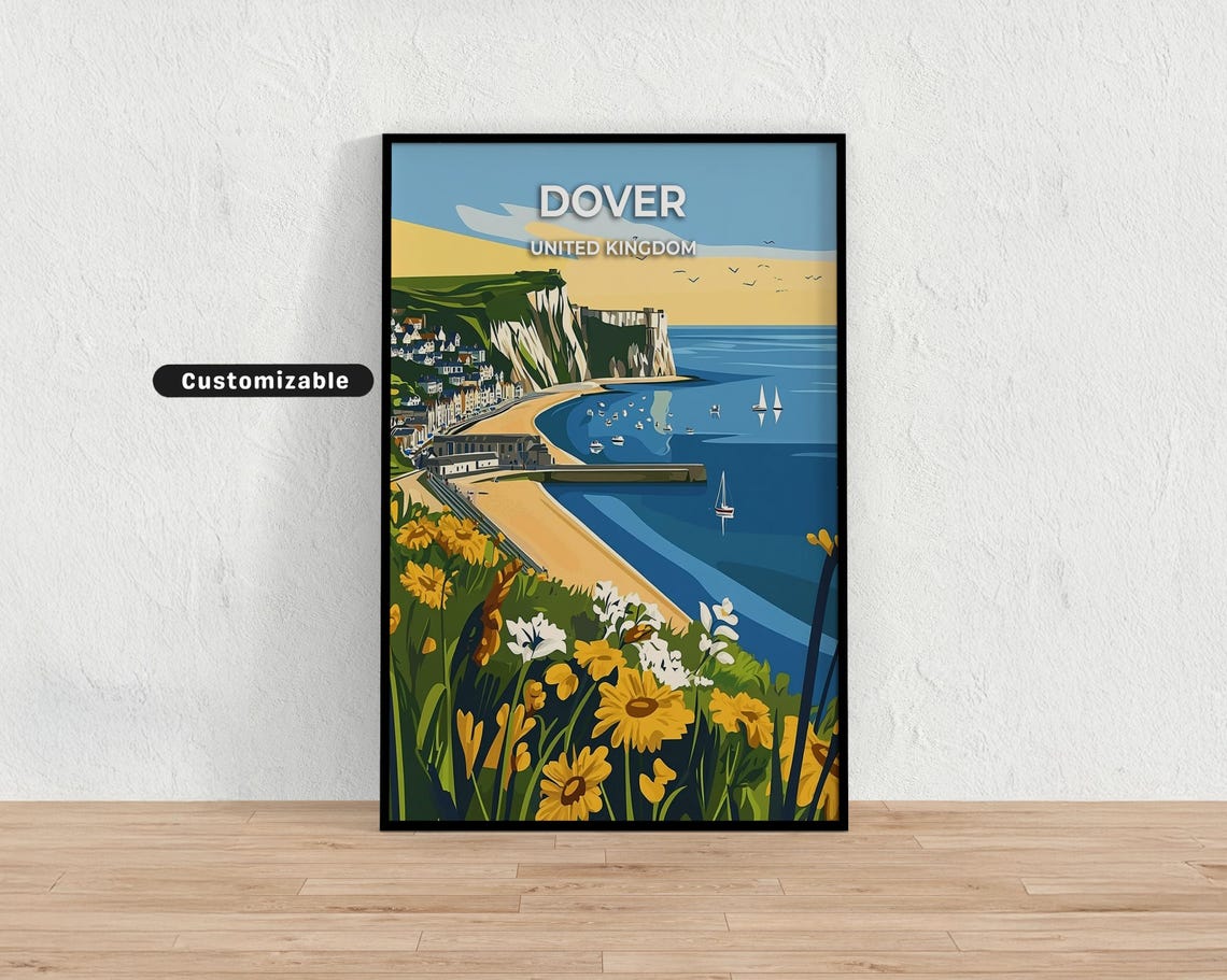 Dover Harbor Beach Wildflowers Sailboats Sunny Coastal Travel Poster