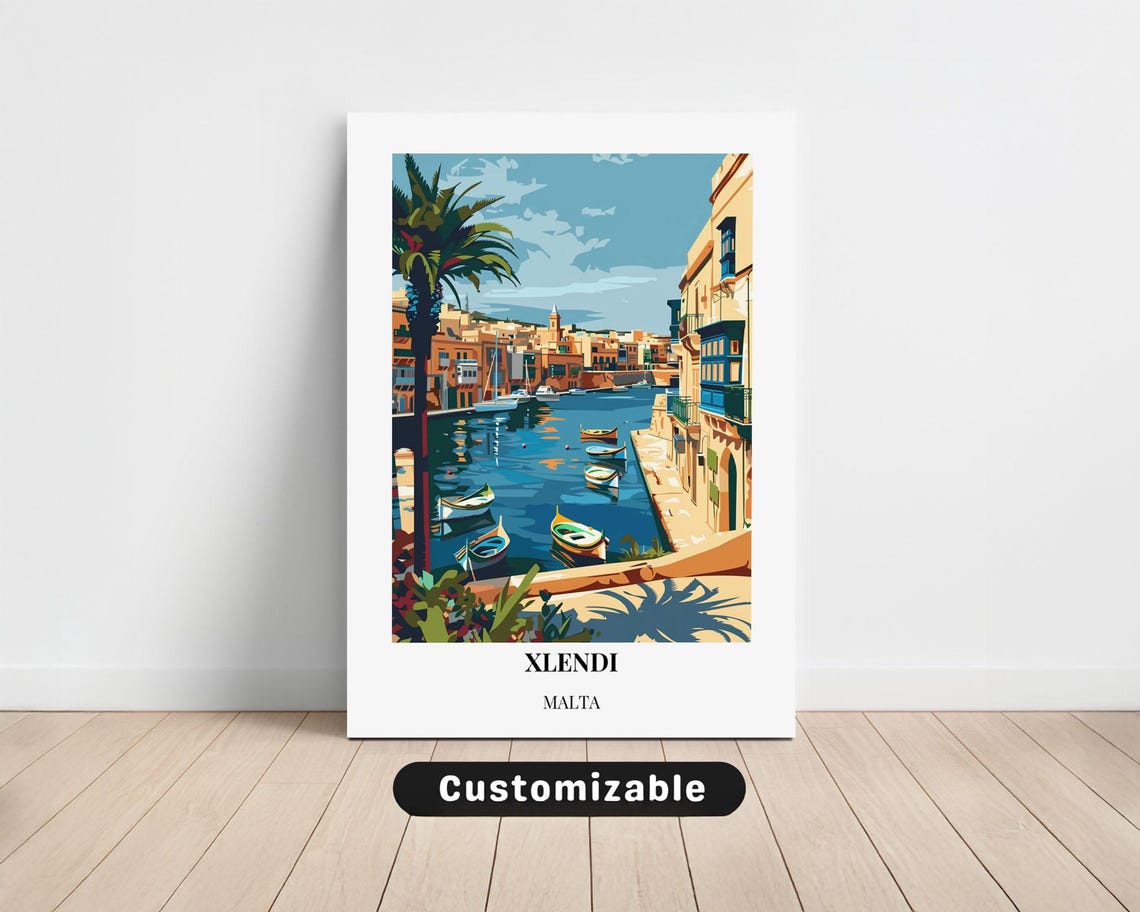 Xlendi Malta Colorful Harbor Waterfront Fishing Boats Travel Poster