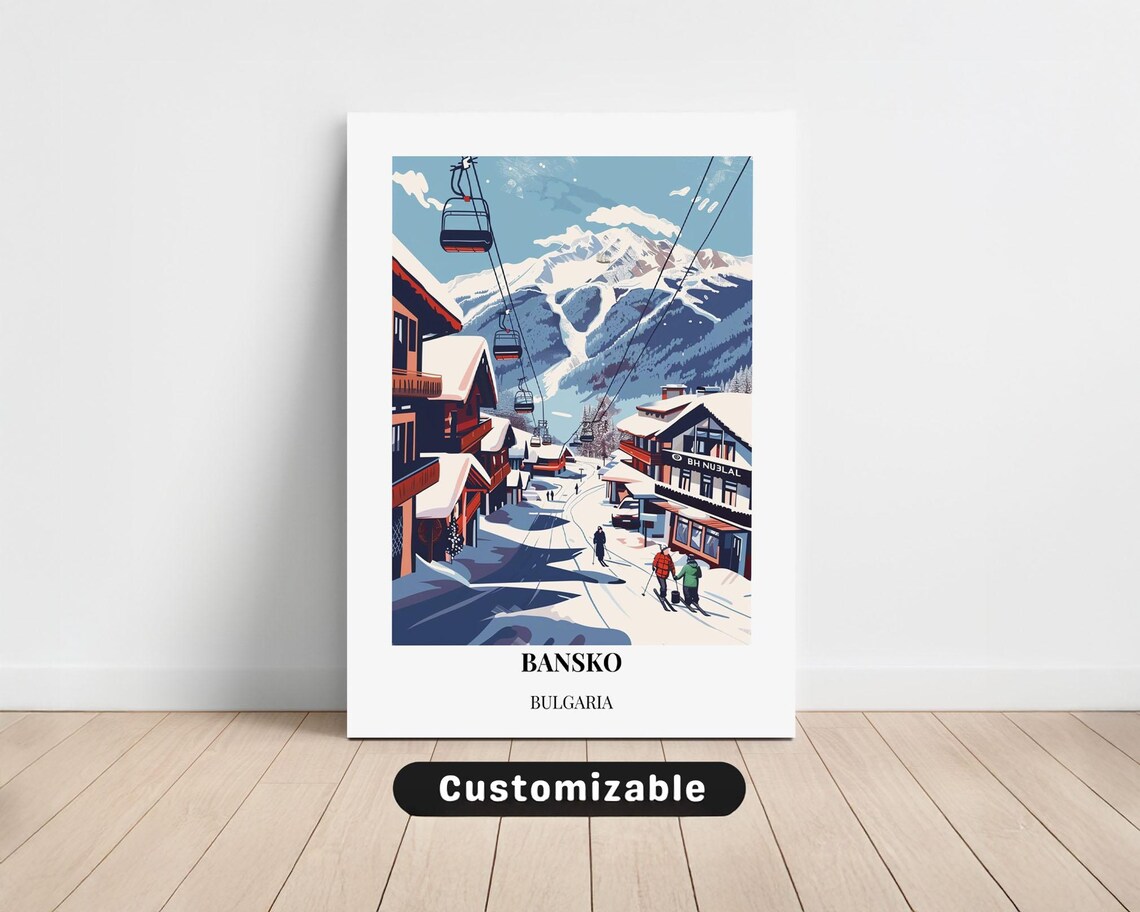Bansko Bulgaria Ski Village Travel Poster Gondola Snowy Street Art