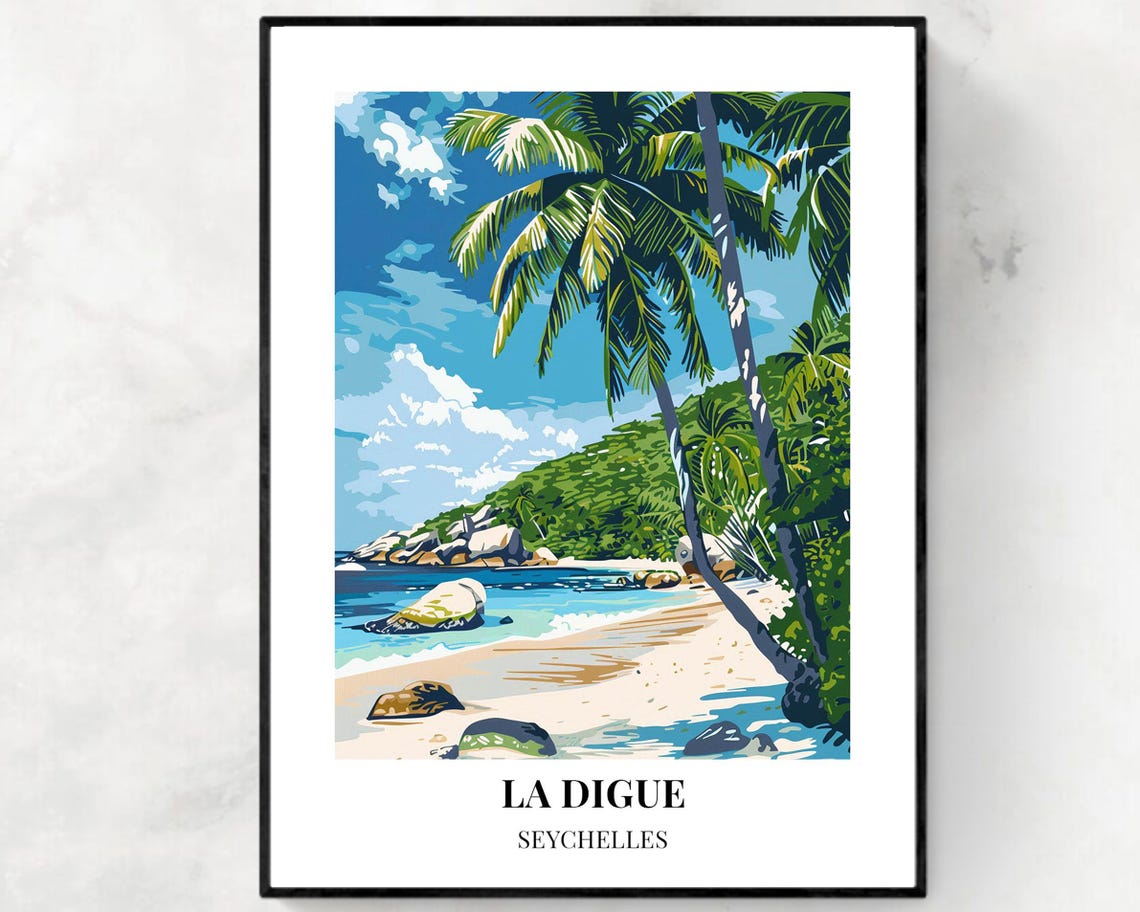 La Digue Seychelles Palm Fringed Cove White Sand Travel Poster