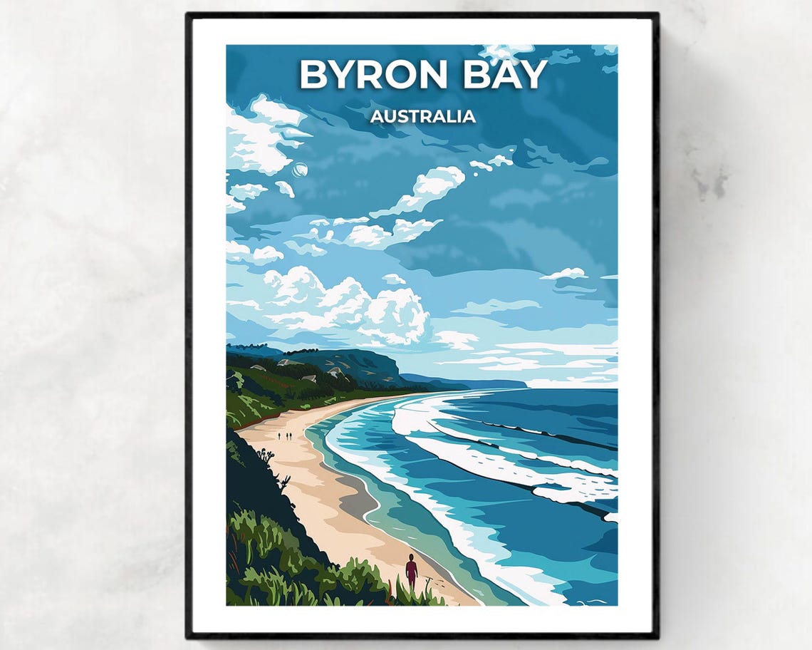 Byron Bay Australia Surfer Beach Rolling Waves Travel Poster