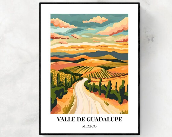 Valle De Guadalupe Mexico Vineyard Sunset Road Scene Travel Poster