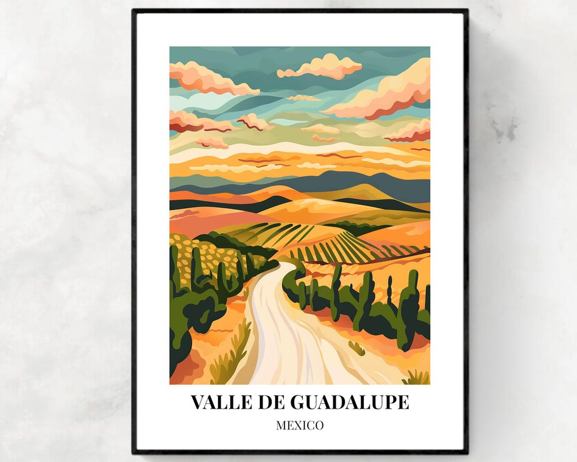 Valle De Guadalupe Mexico Vineyard Sunset Road Scene Travel Poster