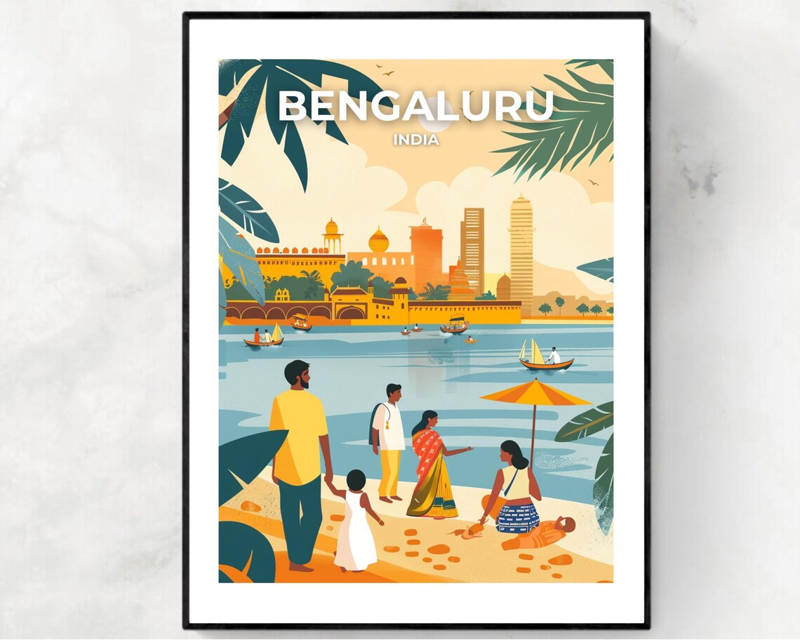 Bengaluru India Lakeside Family Boats City Skyline Travel Poster