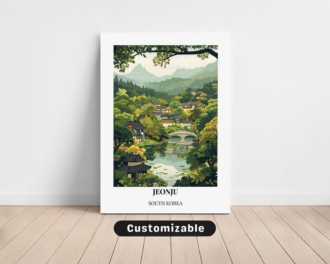 Jeonju South Korea Hanok Village Lakeside Pagoda Travel Poster