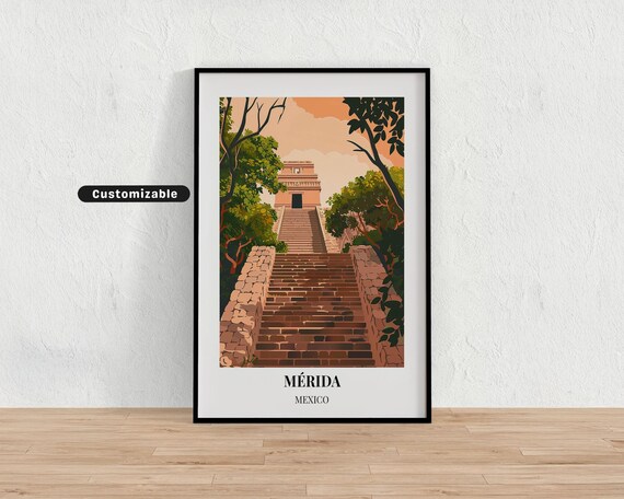 Merida Mexico Colonial Church Dusk Plaza Flags Yucatan Travel Poster