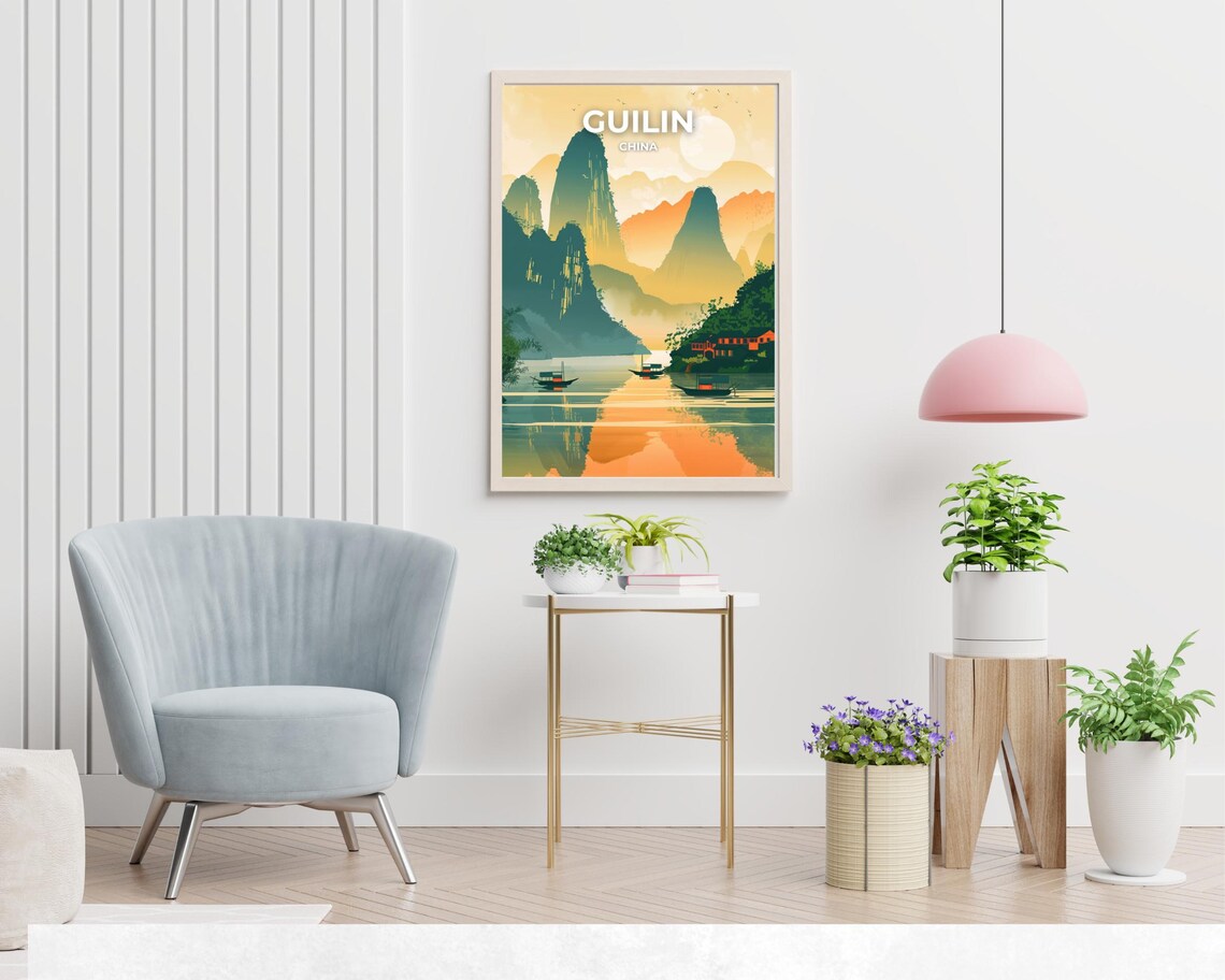Guilin China Li River Karst Mountains Sunrise Boat Travel Poster - Image 2