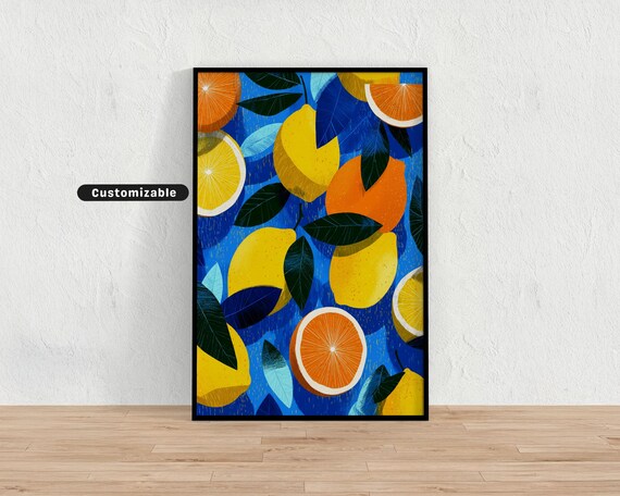 Bold Lemons And Oranges Scattered On A Blue Patterned Tablecloth Mediterranean Colorful Wall Art Tropical Illustration Print Modern Bo