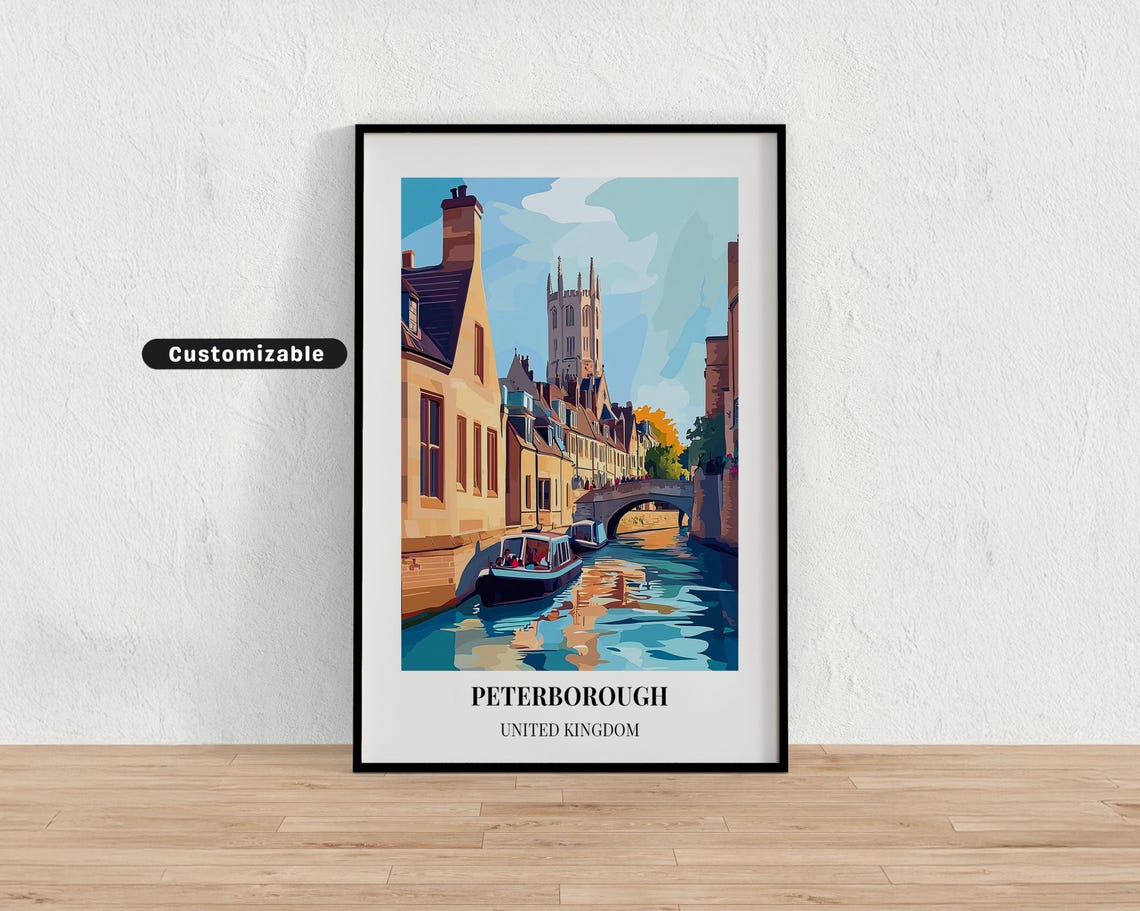 Peterborough United Kingdom Canal Boats Historic City Travel Poster
