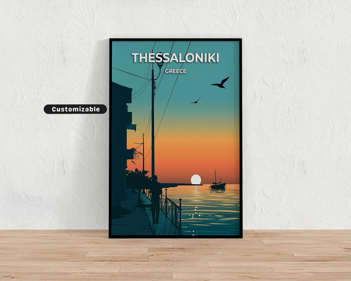 Thessaloniki Greece Sunset Harbor Silhouette Vintage Travel Poster