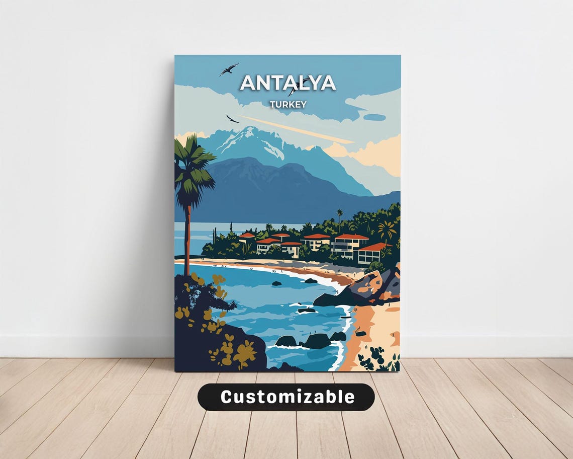 Antalya Turkey Turquoise Bay Mountain Coast Vintage Travel Poster