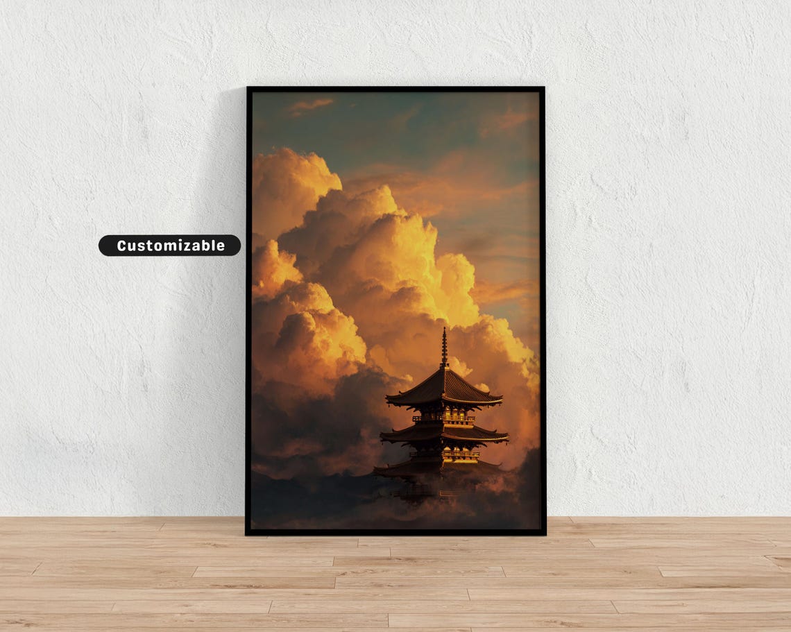 Pagoda At Sunset With Golden Clouds And Peaceful Sky Japanese Wall Art Print Zen Asian Decor