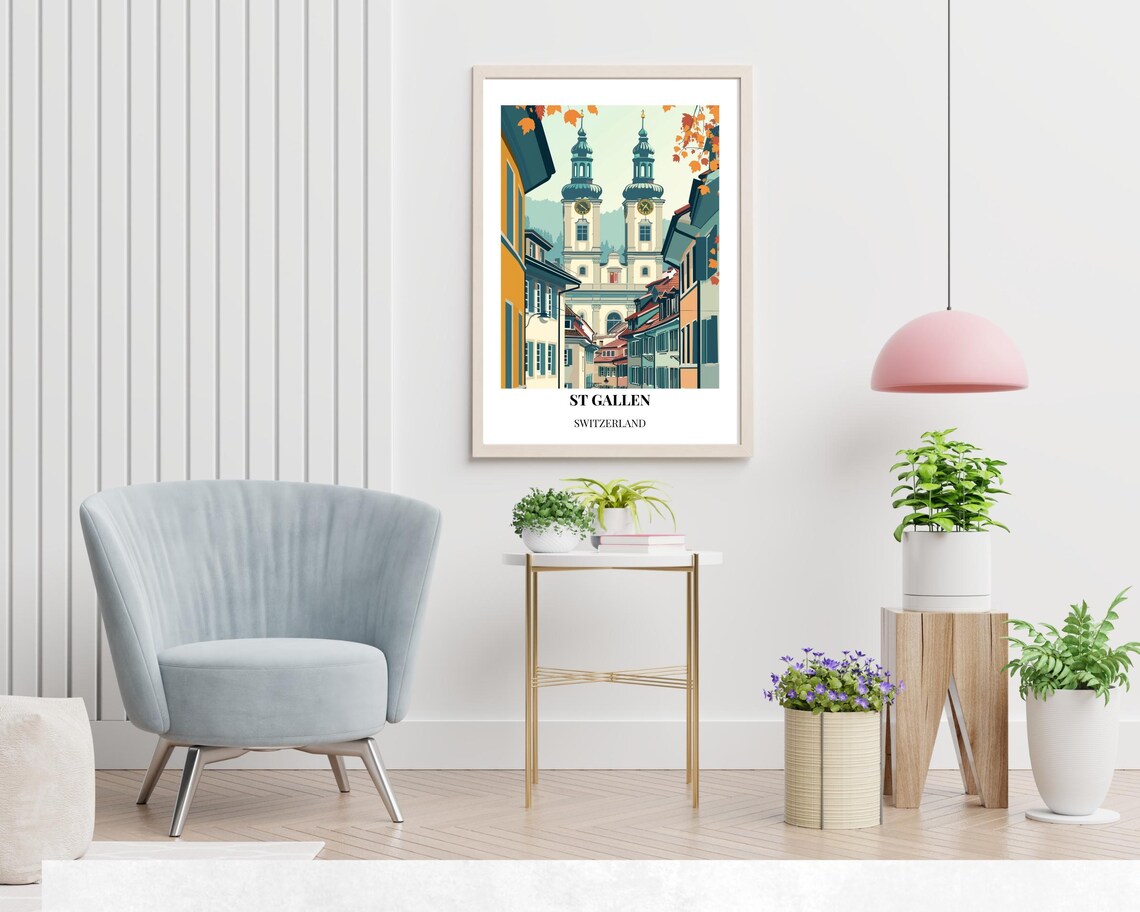 St Gallen Switzerland Twin Towers Autumn Street Vintage Poster - Image 2