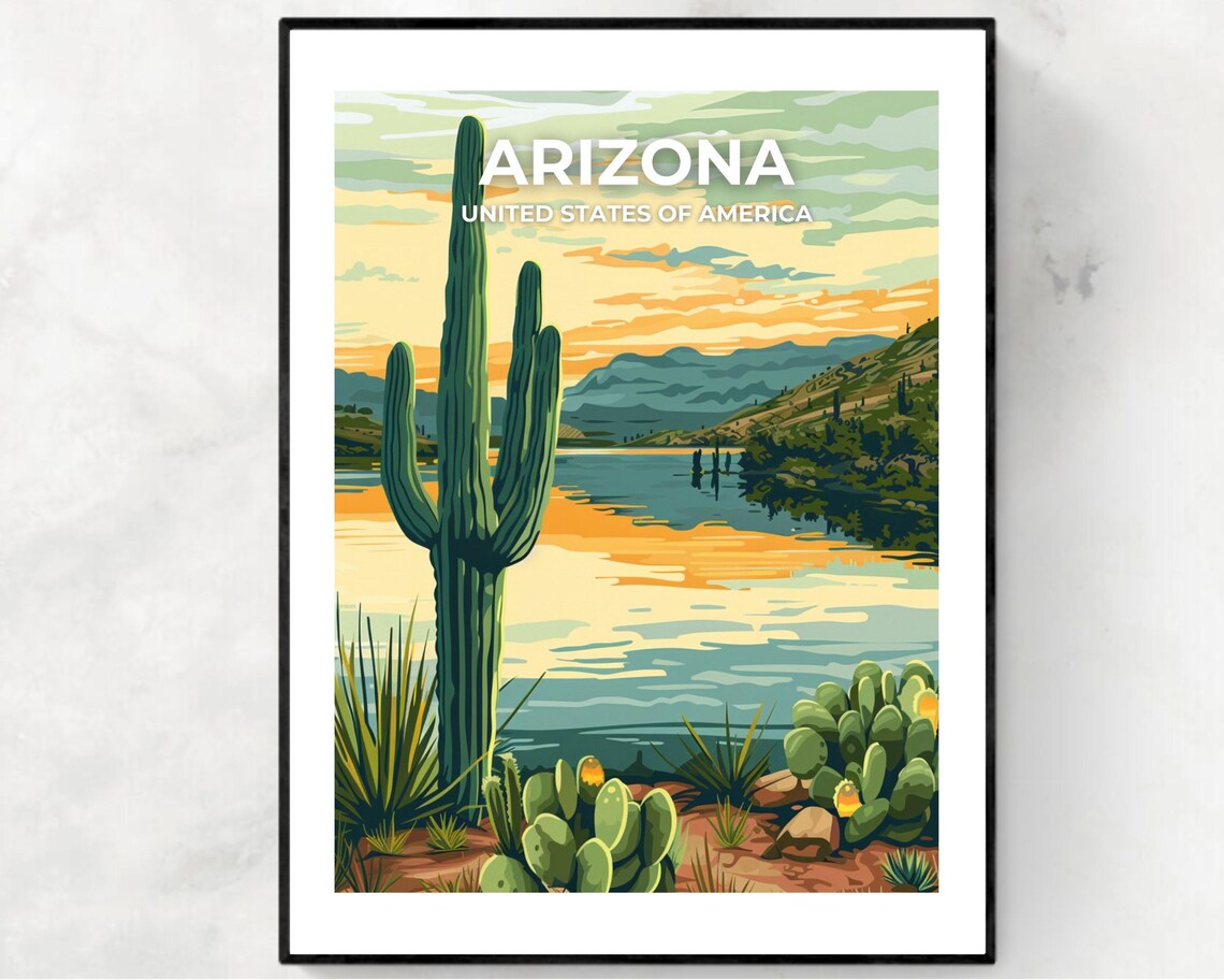 Arizona Saguaro Cactus Desert Lake Golden Hour Sunset Travel Print