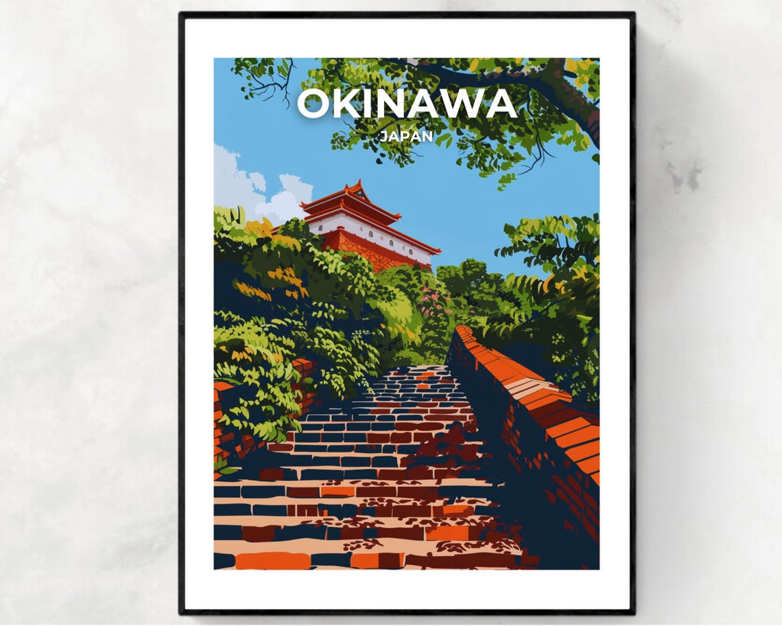 Okinawa Japan Shuri Castle Stone Steps Lush Garden Forest Poster