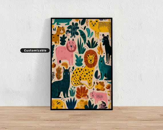 Abstract Animal Jungle Pattern Playful Maximalist Wall Art Quirky Decor