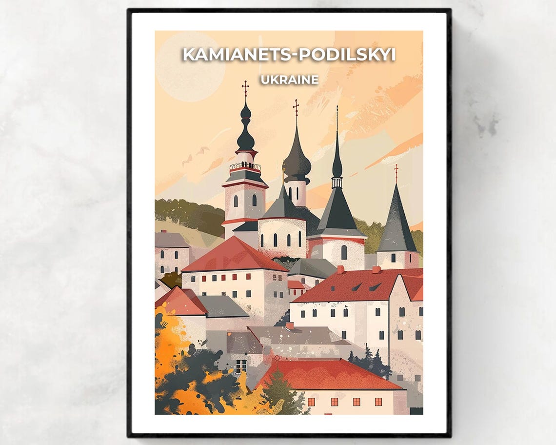 Kamianets-Podilskyi Ukraine Castle Sunset Skyline Vintage Poster