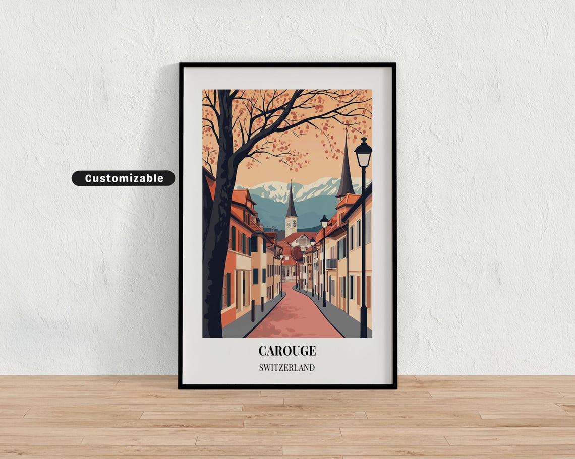 Carouge Switzerland Cobblestone Street Alpine Peaks Travel Poster