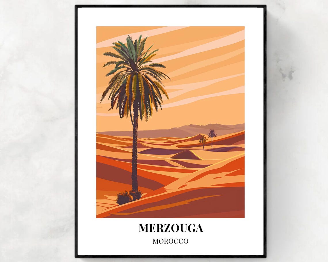 Merzouga Morocco Sahara Desert Lone Palm Dune Sunset Travel Poster