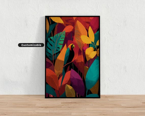 Colorful Jungle With Oversized Leaves And Parrot Silhouette Mediterranean Wall Art Tropical Illustration Print Modern Boho Ho