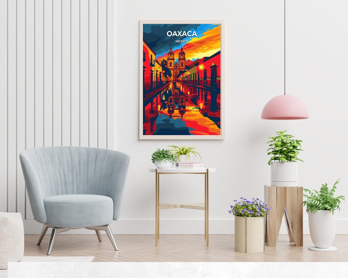 Oaxaca Cathedral Night Street Reflections Mexico Travel Poster - Image 2