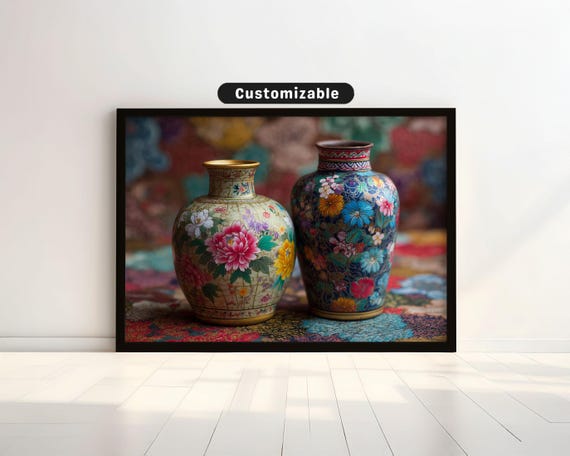 Decorative Vases With Floral Patterns On Patterned Cloth Bold Wall Art Mediterranean Botanical Decor