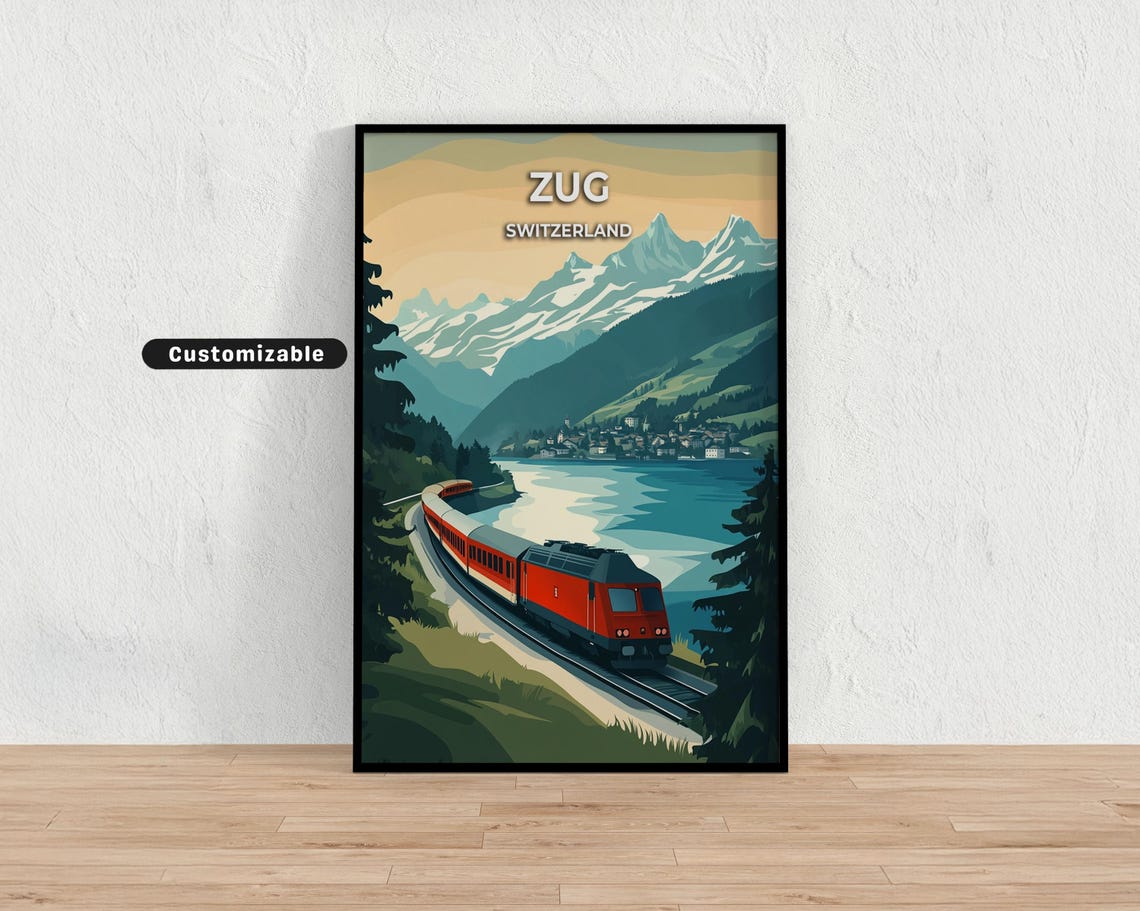 Zug Switzerland Red Train Lakeside Alps Vintage Travel Poster