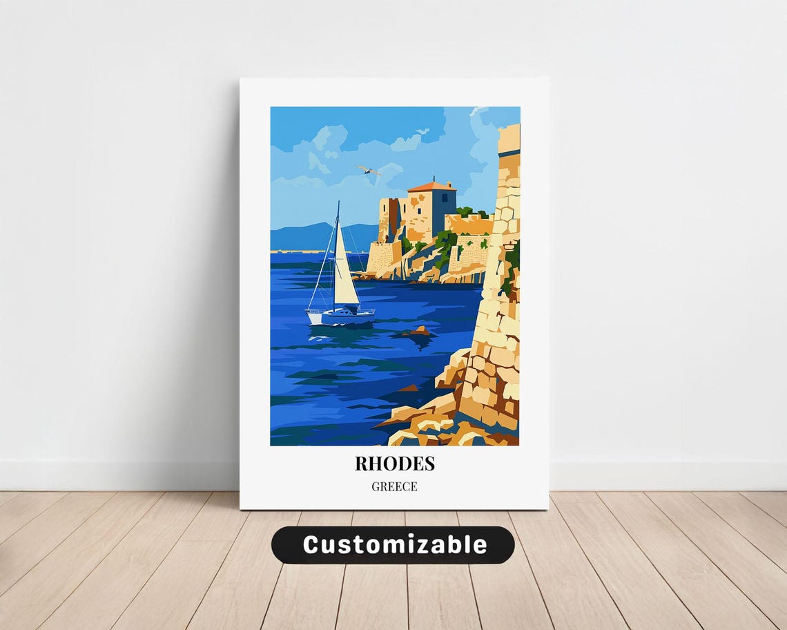 Rhodes Greece Medieval Fortress Harbor Travel Poster Island View