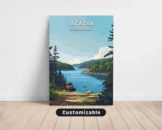 Acadia National Park Coastal Cove Pine Trees Vintage Travel Poster