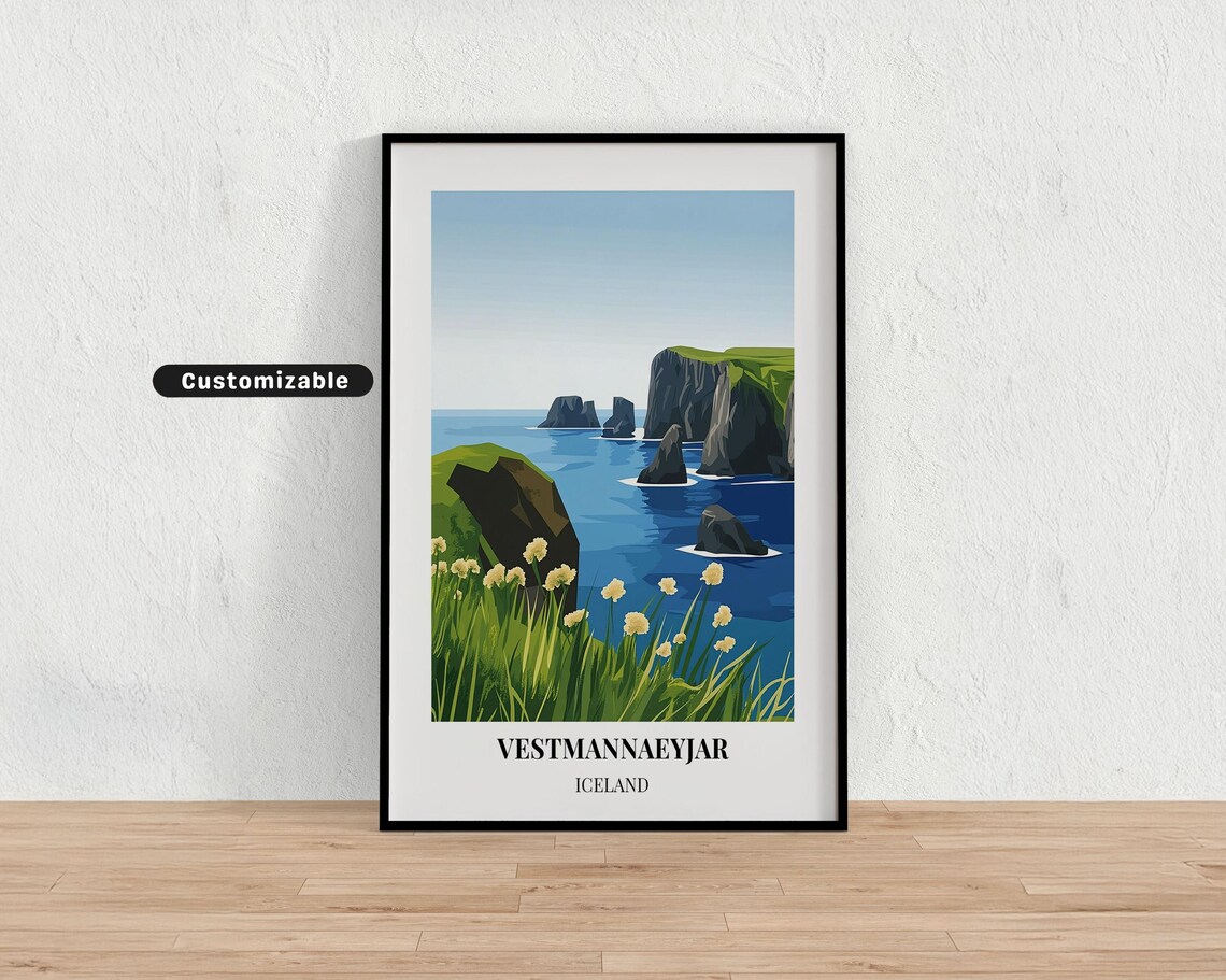 Vestmannaeyjar Iceland Sea Cliffs Wildflowers Vintage Travel Poster