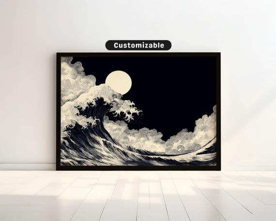 Stylized Ink Wave Rising Toward Full Moon Sky Japanese Wall Art Print Zen Asian Decor