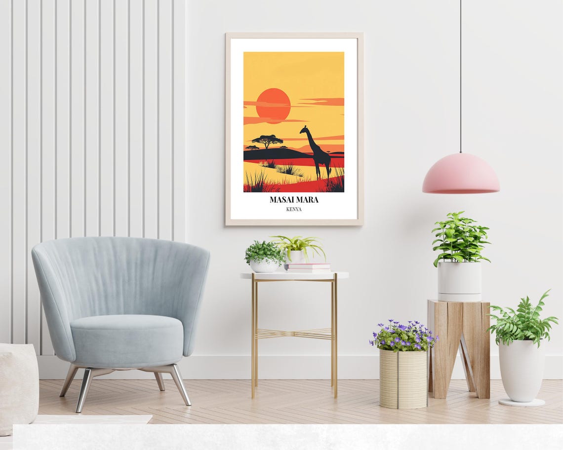 Masai Mara Kenya Giraffe Silhouette Red Sunset Travel Poster - Image 2