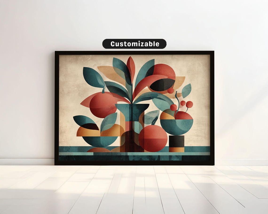 Mid Century Geometric Fruit And Plant Still Life Retro Art Poster
