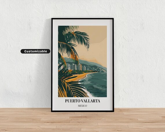 Puerto Vallarta Mexico Palm Framed Beach Bay Coastal Travel Poster