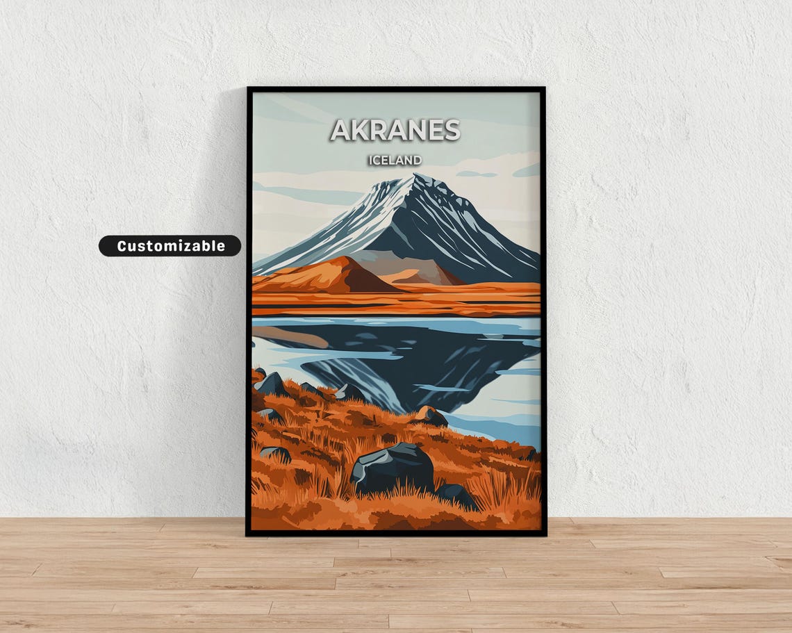 Akranes Iceland Snowy Mountain Lake Reflection Scenic Travel Poster