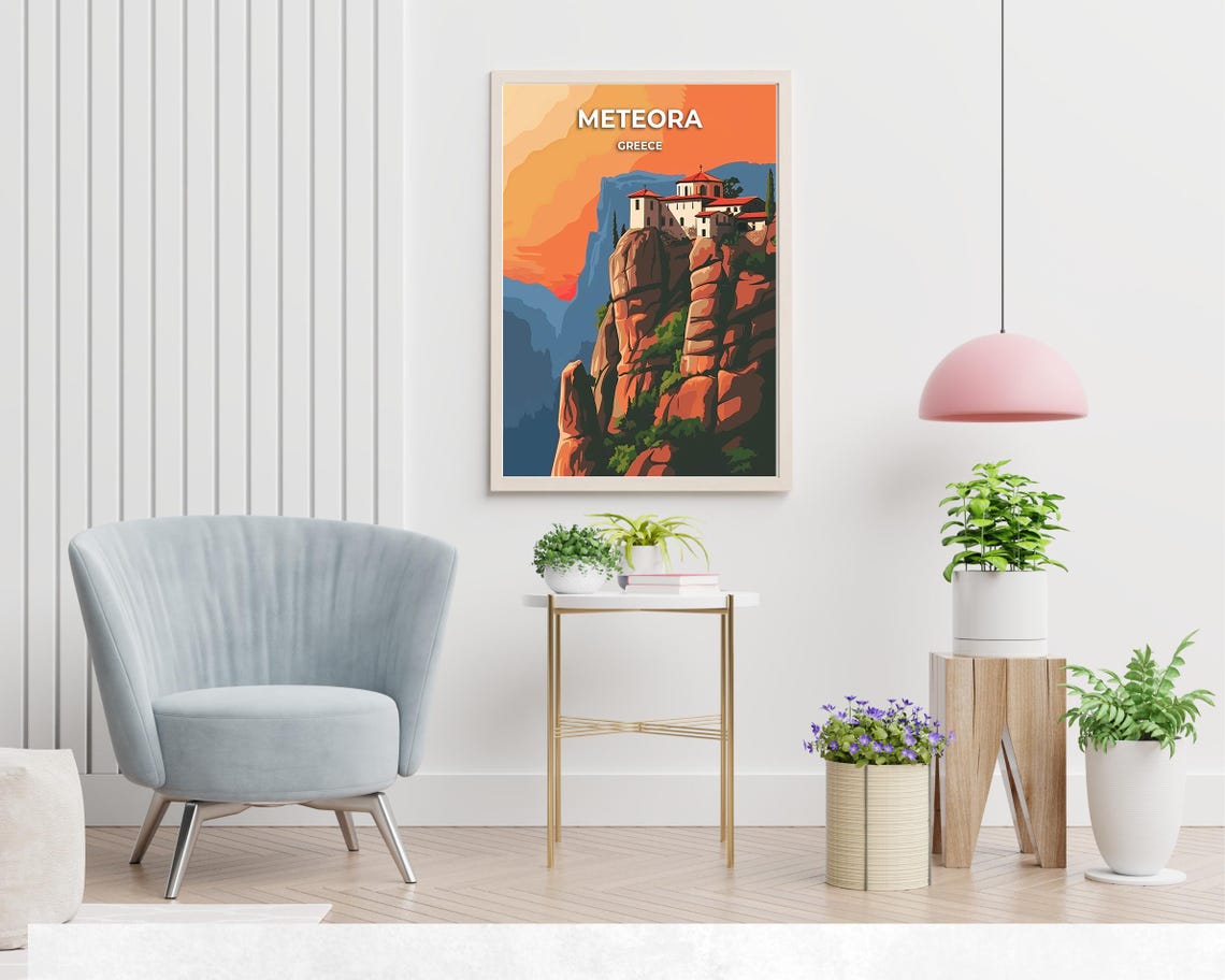 Meteora Greece Monastery Sunset Rock Pillar Orange Sky Travel Poster - Image 2
