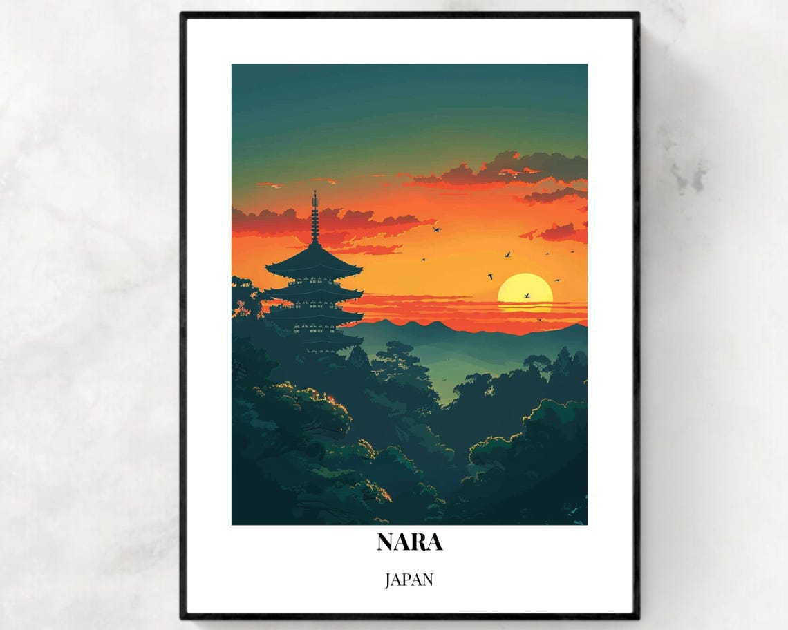 Nara Japan Pagoda Silhouette Blazing Sunset Hills Travel Poster