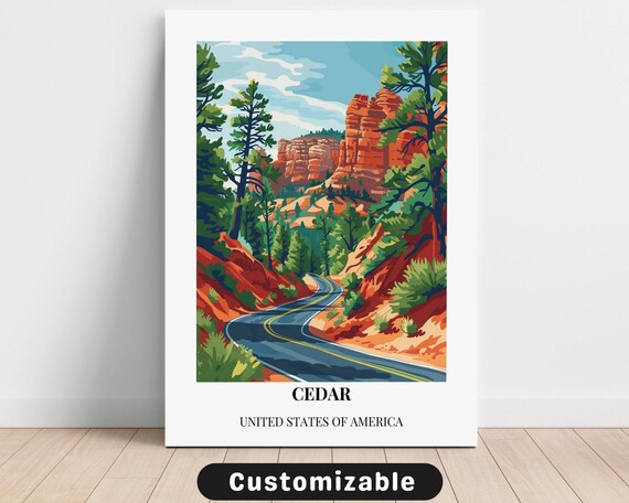 Cedar Red Rock Desert Road Minimalist Scenic Modern Travel Poster