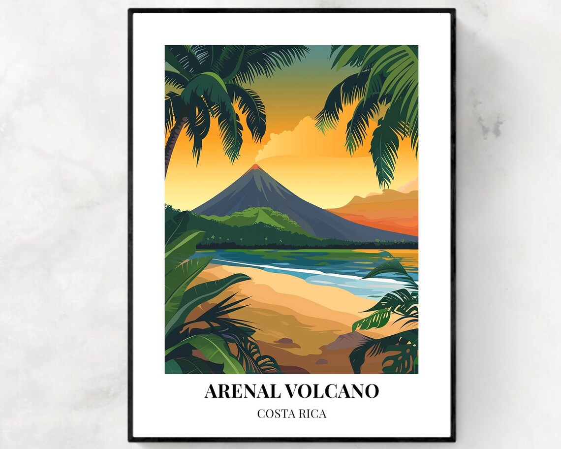 Arenal Volcano Costa Rica Sunset Poster with Palms Framing the Peak