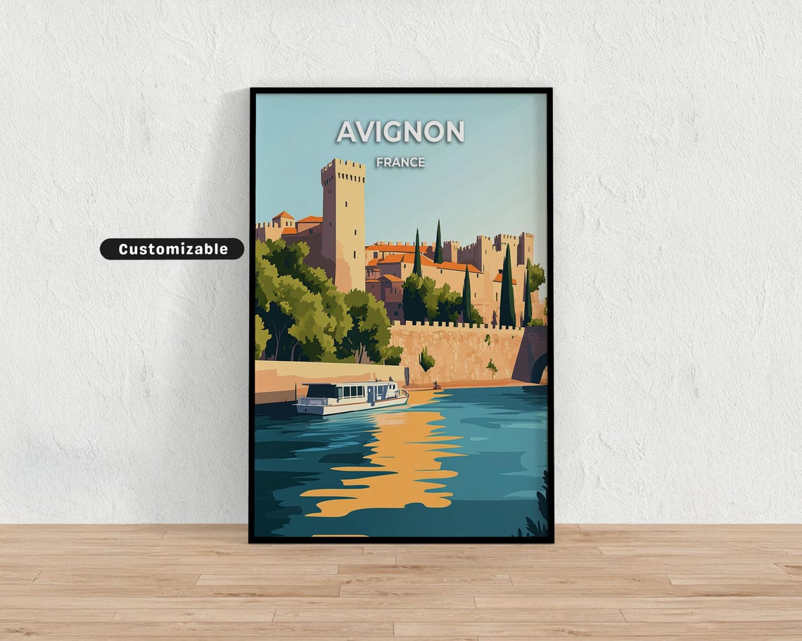 Avignon France Medieval Fortress River Boat Sunset Travel Poster