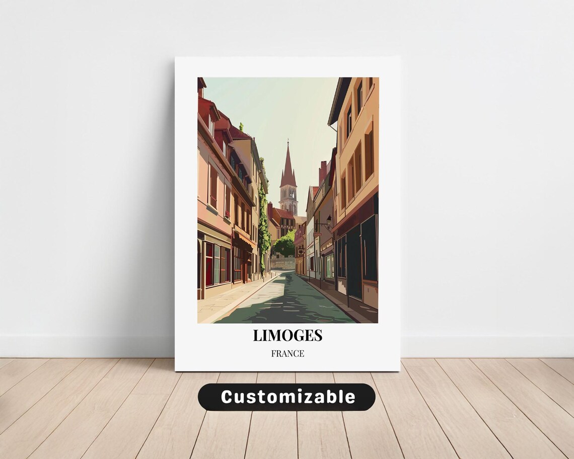 Limoges France Historic Street Cathedral Spire Vintage Travel Poster