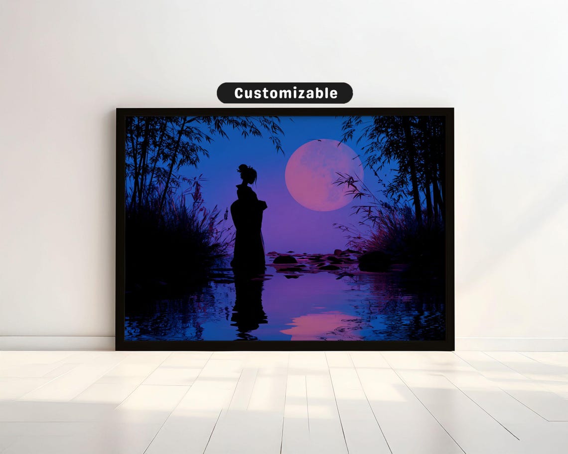Geisha Silhouette Under Pink Full Moon Water Reflection Poster